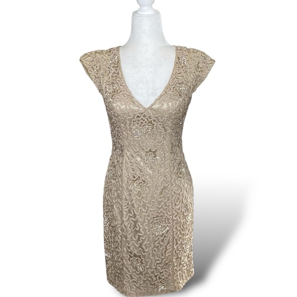 Sue Wong Nocturne Cocktail Sheath Dress Floral Embroidered Sheer Sleeve - Picture 2 of 14